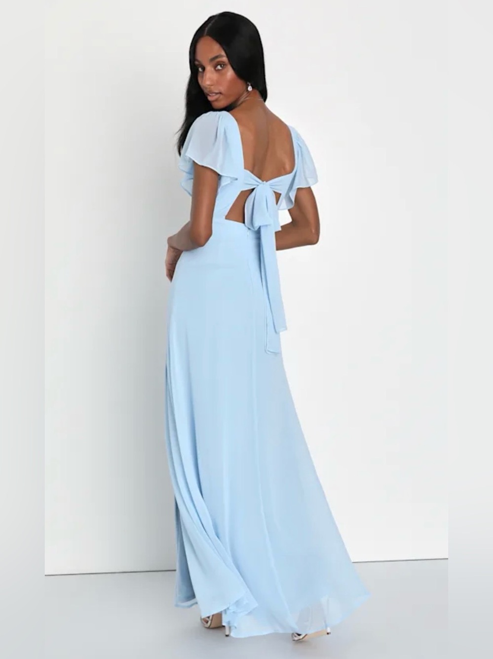 Lulus Simply Delightful Light Blue Tie-Back Flutter Sleeve Maxi Dress L NWT